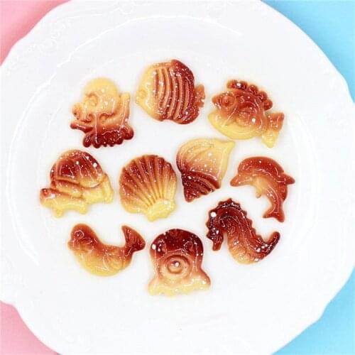 Julie Wang 10PCS Resin Marine Life Biscuit Charms Mixed Shell Fish Conch Dolphin Artificial Food Jewelry Making Accessory Decor