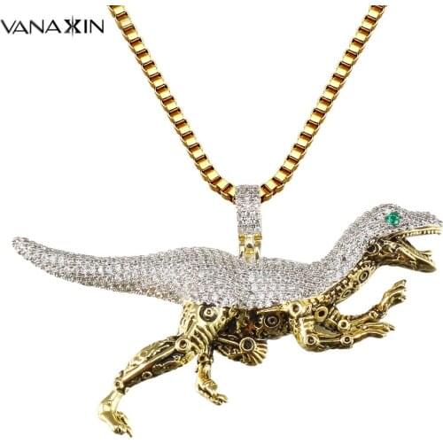 VANAXIN Dinosaur Pendant Necklace Men Paved AAA CZ Stone Pendants Rhodium&Gold Color Two Tone Exaggerated Vintage Jewelry Women