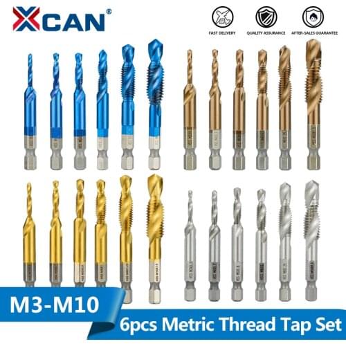 XCAN 6pcs 1/4 Hex Shank HSS metric Thread tap HSS drill bits spiral trapezoidal tap Hand Screw Taps M3 M4 M5 M6 M8 M1O tap sets