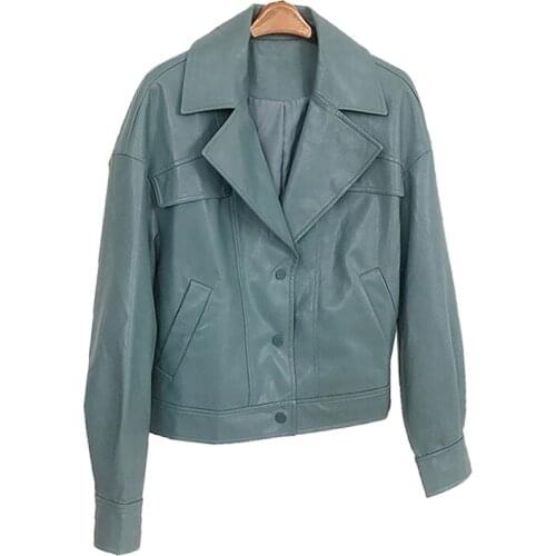 New 2020 Spring Autumn Faux Soft Leather Pu Jacket Women Green Loose Punk Coat Female suit collar Moto Biker Street Overcoat