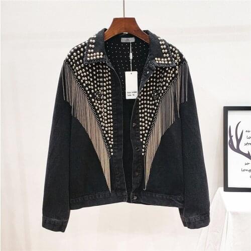 2021 New Autumn Denim Jacket Coat Women Rivet Tassel Chain Coats Woman Loose Streetwear Long Sleeve Black Coat Outerwear OK530