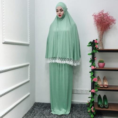 Womens Prayer Garment Muslim Clothing 2 Piece Lace Hijabs Dress Abaya Bat Robe Ramadan Islamic Dubai Arab Gown Praying Kaftan