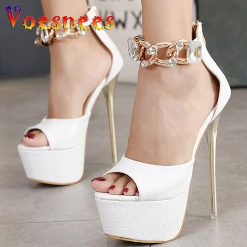 Metal Decoration Nightclub Women Shoes Sexy Open Toe Striptease Rhinestones Sandals Summer New 16cm Metal stiletto High Heels