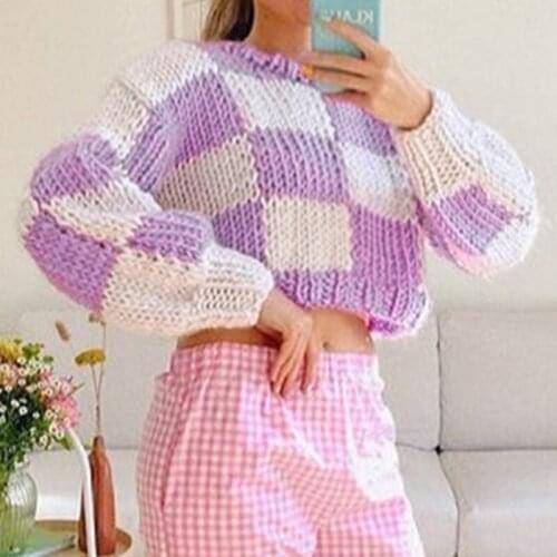 Color Block Plaid Women Sweater Casual Fashion Loose Long Sleeve Pullover 2021 Autumn Winter O Neck Knit Women Short Sweater
