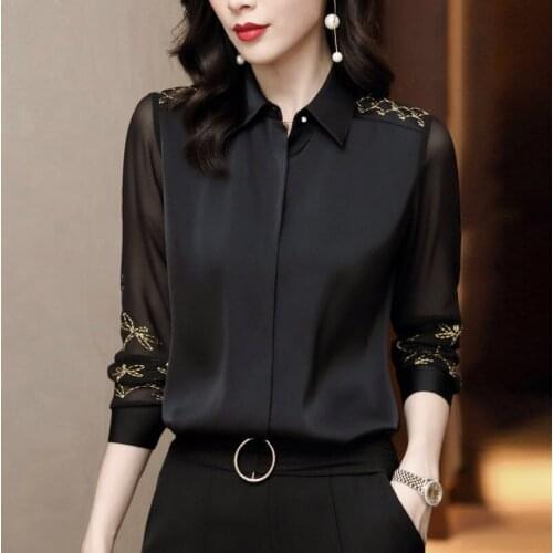 Women Spring Autumn Style Chiffon Blouses Shirts Lady Embroidery Long Sleeve Turn-down Collar Lace Decor Blusas Tops