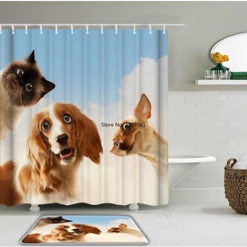 2Pcs/Set Funny Cute Cat Dog Shower Curtains Set Mat Bathroom Waterproof Bath Curtains Set Toilet Non-Slip Rug Mat Bathtub Decor