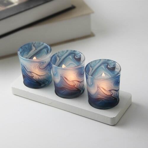 3pcs/set Nordic Blue Printed Wooden Bottom Glass Candle Holder Three-piece Modern Romantic Candlelight Dinner Set customized