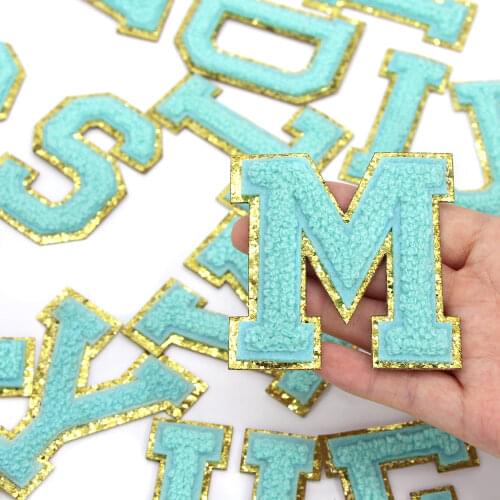 Teal Chenille English Letter Patches For Clothes Sequins Alphabet Iron On Patch Applique DIY Jeans Sew Accessories 1Pcs 65MM