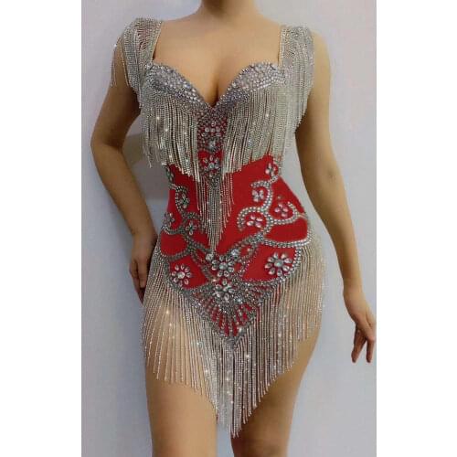 Shining Tassel Sleeveless Backless Bodysuits Sparkling Rhinestone Strapeless Jumpsuits Stage Wear Nightclub Dancer Outfit