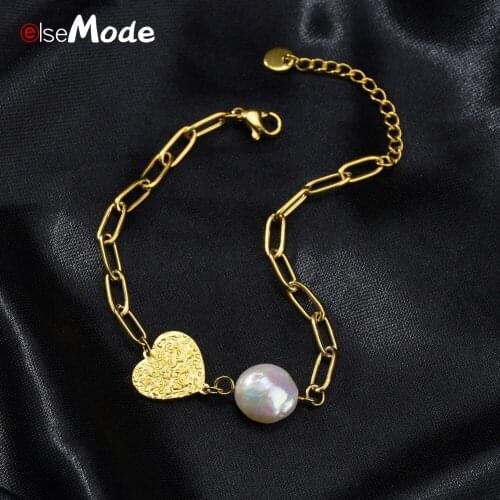 ELSEMODE Fashion Heart Irregular Pearl Bracelet Gold Stainless Steel Adjustable Bangles Women Jewelery