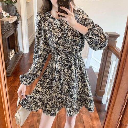 Women Mini Dress Autumn 2021 New Office Lady Korea Style Vintage Full Sleeve Patchwork Floral Print Chiffon Dresses