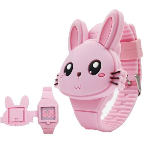 Hot 1 Pcs Kids LED Electronic Watch Silicone Band Cartoon Rabbit Flip Case Wrist Watch Lovely Gift SMA66