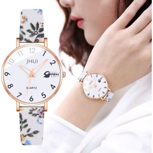 Girls Students Fish Bone Quartz Watch Women Fashion Flower Leather Strap Wristwatches Relogio Feminino