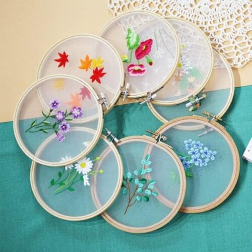 European Style Mesh Embroidery Kit Flowers Plants Pattern With Bamboo Hoop Cross Stitch Punch Needle Embroidery Thread Kit