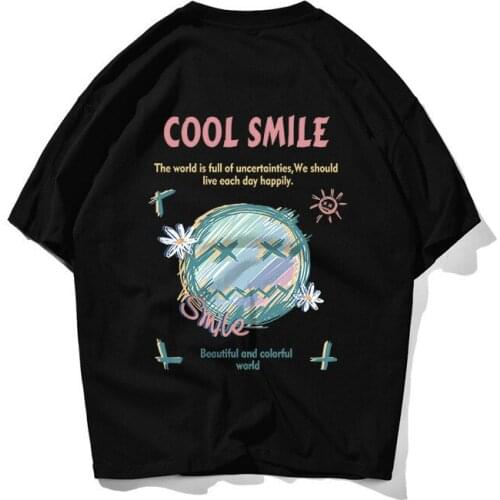 Hong Kong Style Grimace Print Mens T-shirt Loose Oversize Drop Shoulder Cotton Street Hip-hop Personality Couple Short Sleeves