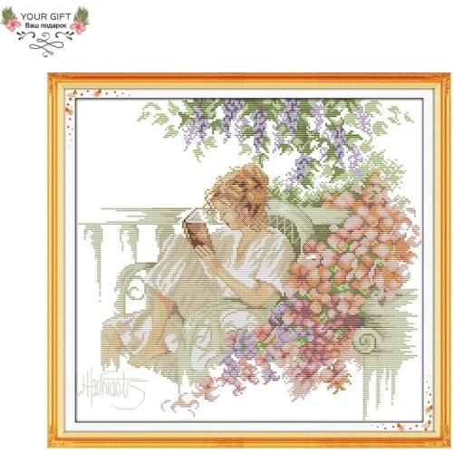 Joy Sunday Free Shipping 14CT 11CT Counted and Stamped Woman Reads A Book Embroidery Cross Stitch kits for Home Decoration R445