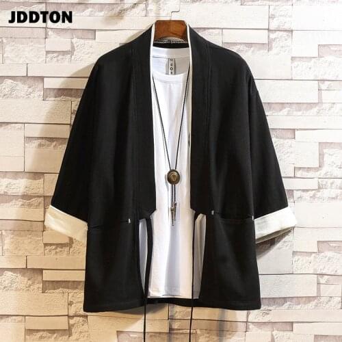 JDDTON Mens Cotton Kimono Loose Cardigan Solid Color Outerwear Vintage Chinese Style Male Jacket Fashion Casual Overcoats JE614