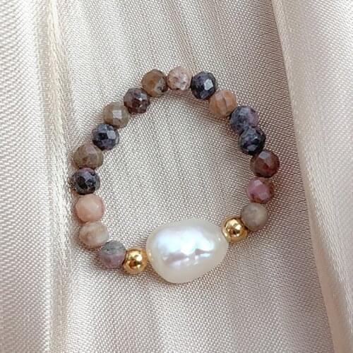 Boho Rhodochrosite Freshwater Pearl Rings for Wedding Party Shell Heart Leaf Hand Jewelry Stretchy Stainless Steel Ring Women