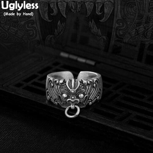 Uglyless S 990 Fine Silver Engraved Ancient Animal Finger Ring Cool Guys Vulcanized Demon Jewelry Men Open Rings Charms Bijoux