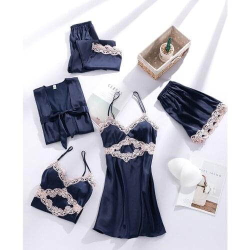 Navy Blue Women 5PCS Lace Pajamas Sets Bride Dressing Gown Shorts Pyjamas Kimono Bathrobe Summer Satin Lingerie Sexy Nightgown