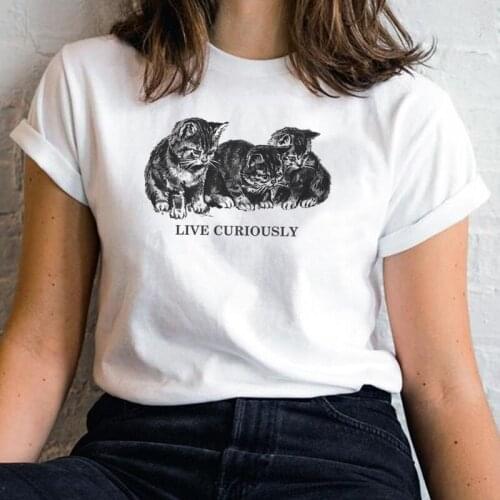 Kuakuayu HJN Live Curiously Womens Cat Print T-Shirt Vintage Fashion Cute Aesthetic Funny T Shirt Hipsters Cat Lovers Shirt Top