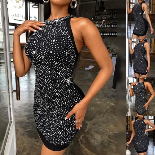 Summer Clothes Women Zevity Cutout Back Tight Casual Sundress Sexy Black Halter Studded Sleeveless Short Bodycon Tank Vest Dress
