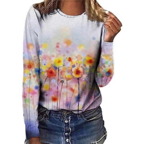 New Boho Flower Print Women T Shirt Autumn Long Sleeve Casual O-Neck Cotton Tops Fashion Female Animal Butterfly Cat Tee Clothes