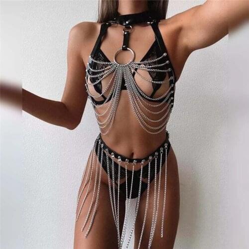 New Sexy Women Suspenders Chest Leather Belt Harajuku Gothic Lingerie Adjustable Bondage Holographic Metal Chain Tassel Harness