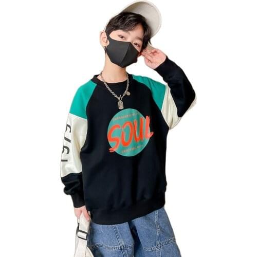 Childrens Casual Clothes For Teenage Boy Long Sleeve Plaid Patchwork Hoodie Korean Pullover Boys Sport Outwear Top 4-12T