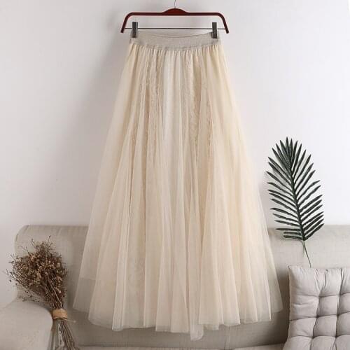Autumn And Winter A-line new high waist slimmin elastic waist double-layer mesh lace stitching skirt wholesales high waist skirt