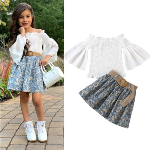 1-6Y Kids Baby Girls Clothes Sets 2021 Summer Flare Sleeve Ruched White Blouse +Flower A-line Skirts Fashion Children Outfits