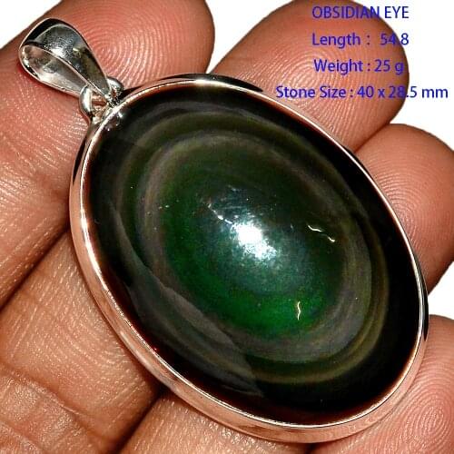 Genuine OBSIDIAN EYE , Cats Eye Pendant 925 Sterling Silver, Hand Made Women Fine Jewelry Gift