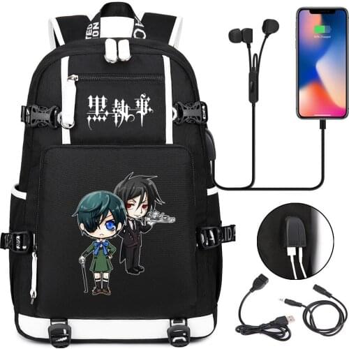 Anime Black Butler Backpack School Bags for Teenagers Cartoon Unisex Bookbag Student Zipper USB Travel Laptop Shoulders Bags