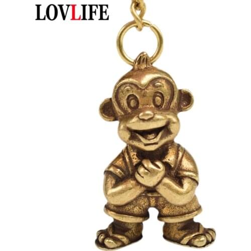 Cartoon Solid Brass Zodiac Animal Monkey Keychain Pendant Jewelry Gifts Metal Copper Naughty Simian Figurine Keyring Hanging Toy