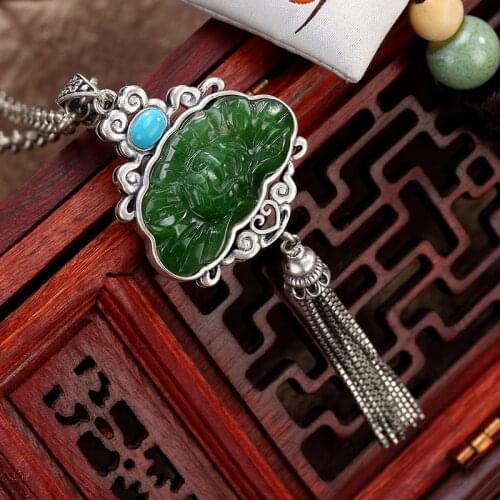 Silver restoring ancient ways is hetian jade inlay turquoise tassel women wholesale high-grade sweater chain pendant