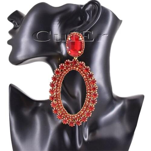 CuiEr 4.5" Long ellipse Clear Crystals Statement Chandelier Hoop Earrings Pageant Drag Queen oversize Women jewelry for weddin