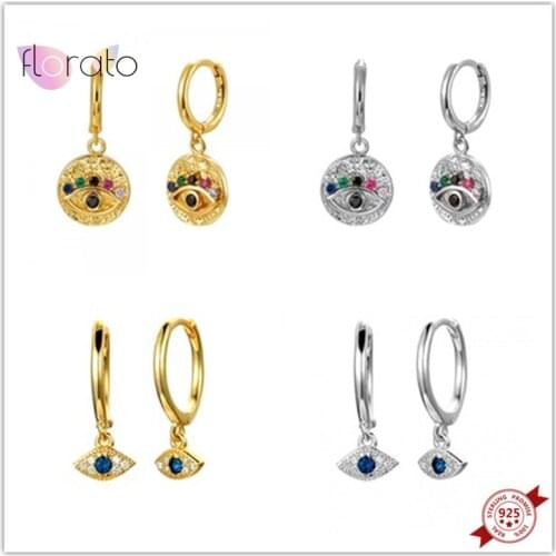 925 Sterling Silver Ear Buckle Evil Eye Earrings Colorful Crystal Hoop Earring Round Pendant Earrings for Women Fashion Jewelry