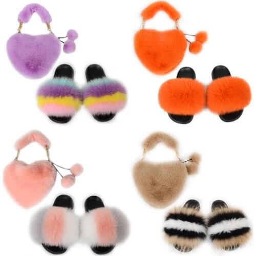 Womens Furry Colorful Fox Fur Slippers Ladies Fur Slides Female Fluffy Sandals Girls House Shoes Faux Fur Love Heart Bags Sets