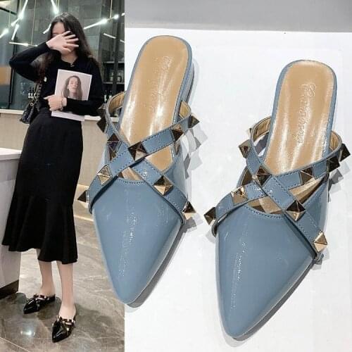 Temperament Rivet Modern Slippers Pointed Fashion Outside Summer Square heel British Style Women Shoes Breathable Low (1cm-3cm)