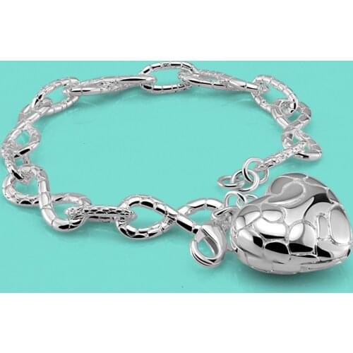 Bohemian Original 925 Sterling Silver Bracelet Classic Heart Pendant Solid Silver Rolo Chain Bracelet 20-23CM Charm Jewelry