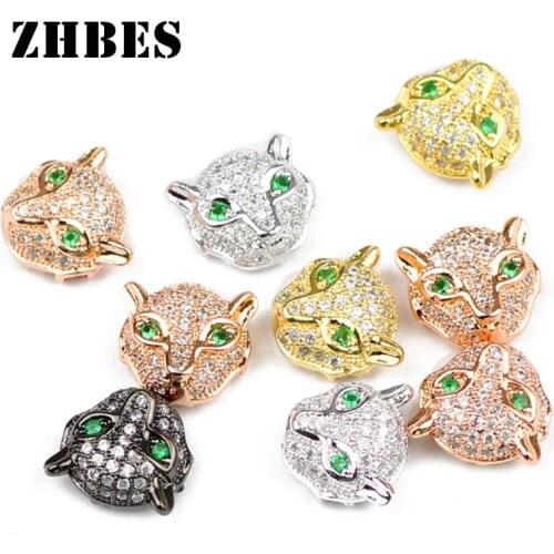 ZHBES 4PCS Metal leopard head Copper bead Micro Pave White Zircon Spacer Loose Beads For DIY Jewelry bracelet making CZ Findings