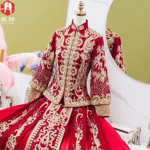 Women Phoenix Embroidery Rhinestone Wedding Dress Ancient Chinese Bride Marriage Cheongsam Classic Long Qipao Size S-4XL