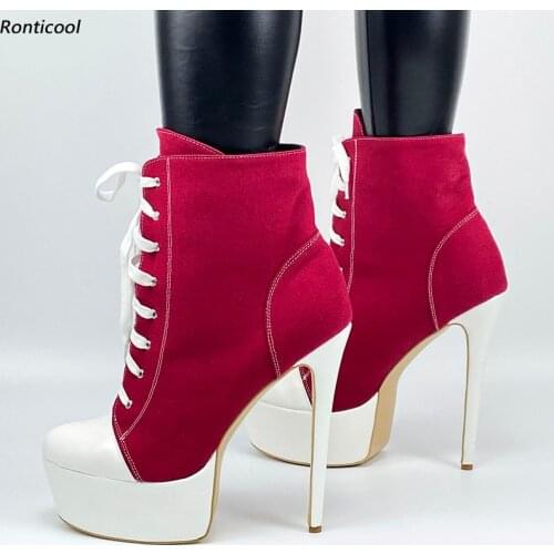 Ronticool Fashion Women Winter Platform Ankle Boots Denim Stiletto Heel Round Toe Black Red Blue Party Shoes Plus US Size 5-20
