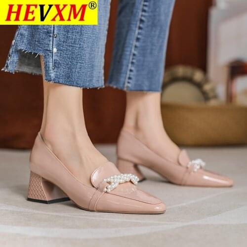 HEVXM 2021 Thick Heel Genuine Leather Sweet Pearl Wedding Women Shoes Square Toe Brand High Heel Shoes Women High Heel Shoes