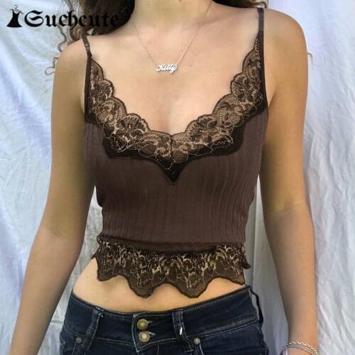 SUCHCUTE Goth Aesthetic Lace Patchwork Tank Tops For Women Sexy V-Neck Brown Retro Crop Tops Summer y2k Fashion Casual Camisole