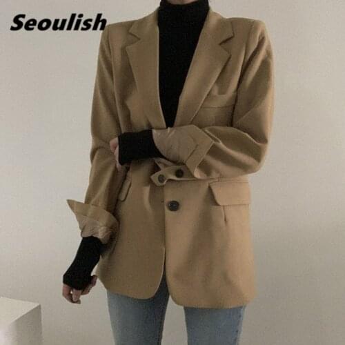 Seoulish New 2021 Spring Vintage Single Breasted Womens Blazers Pockets Female Formal Jackets Elegant Loose Outerwear Chic Tops
