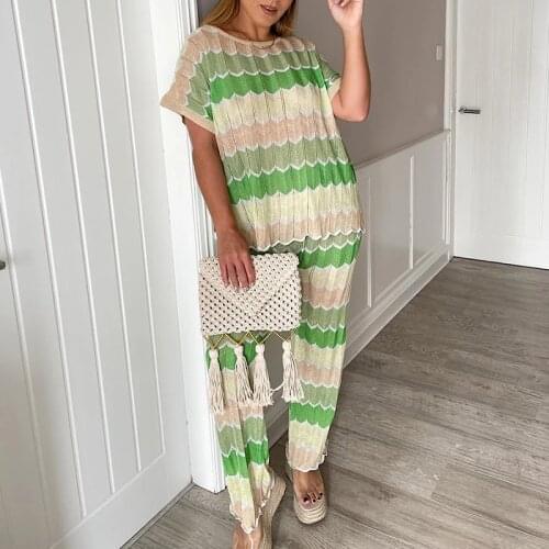 Fashion Casual Panelled Knitted Suits Women Elegant Loose O Neck Suit Women Full Length Pants Suits Ladies