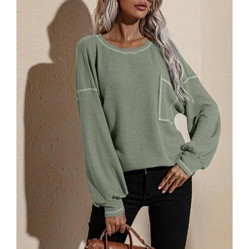 40% Dropshipping!!Women Sweater Solid Color Knitted Autumn O Neck Long Sleeve Pockets Sweater Streetwear