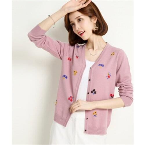 Pure wool knit women fashion star embroidered Vneck cardigan sweater single breasted pink 4color M-XL retail wholesale