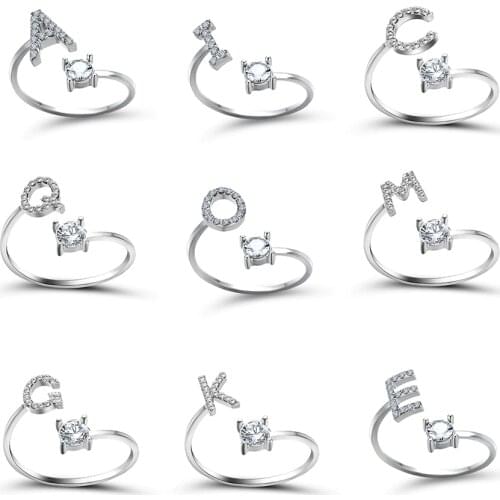 New Fashion Silver Color Alloy Round Rhinestone Mosaic 26 Letter Irregular Adjustable Opening Ring For Women Fashion Jewelry